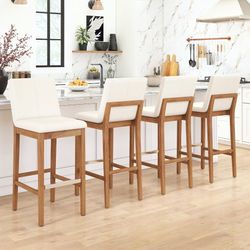 30" Modern Bar Stools Set of 6, Farmhouse Linen Upholstered Bar Height Stools with Back & Metal Footrest, Wooden Kitchen Island High Bar Chairs, Beige