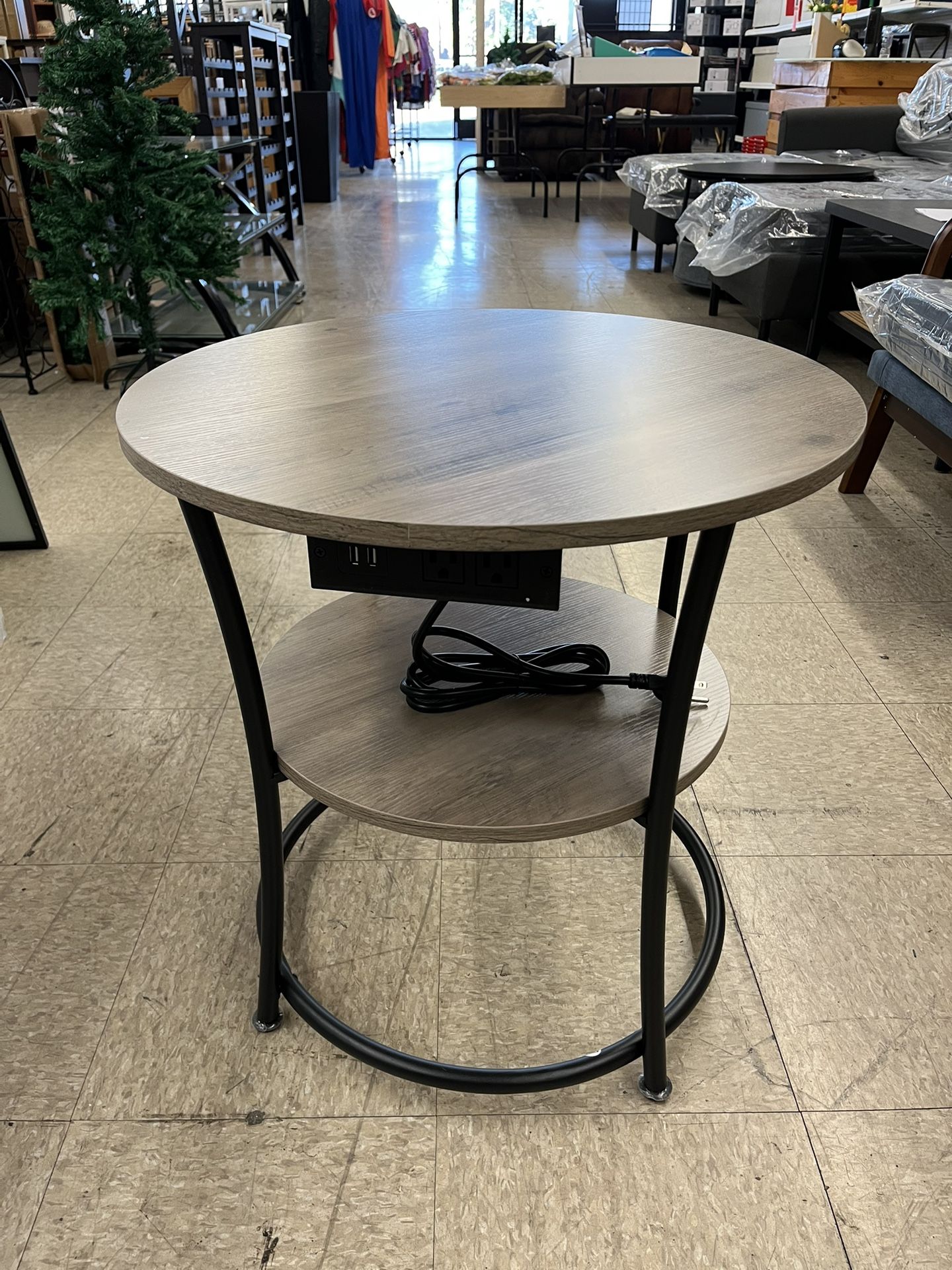 VASAGLE 2-Tier Round End Table with Power Outlets Nightstand with Steel Frame - Heather Greige / Ink Black