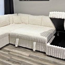 NEW Beige Sectional With Pull-Out Bed & STORAGE CHAISE Finance 