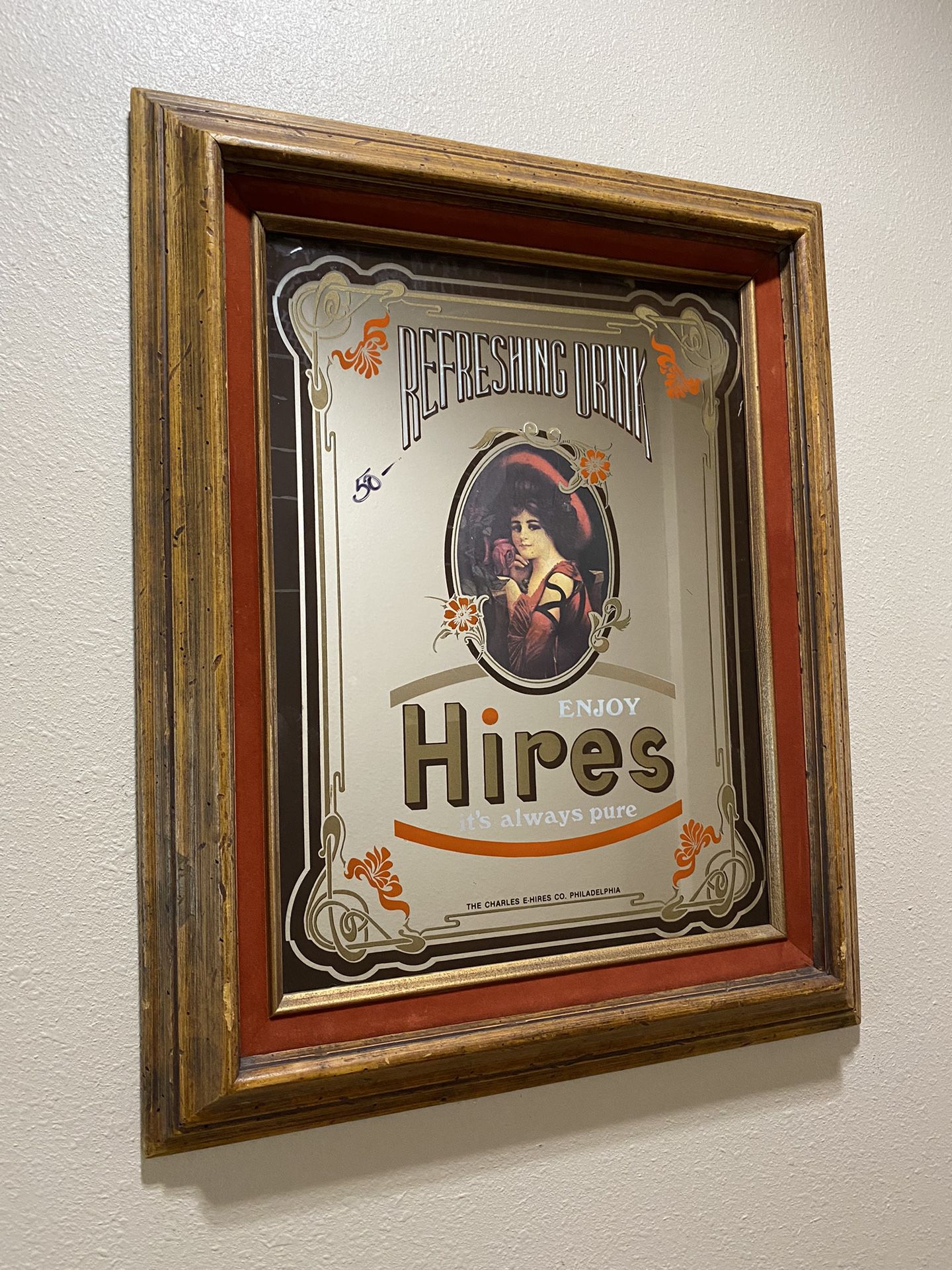 Vintage Enjoy Hires Refreshing Drink Root Beer Mirror Wood Frame 21x17”