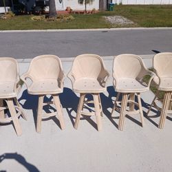 5 Vintage Pencil Reed Swivel Barstools 
