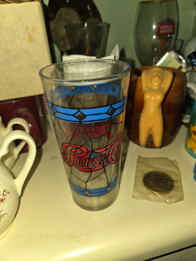 Pepsi Cola Glass Cup Stained Art Tiffany Style Collectible Vintage 1970s Soda 6"