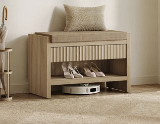 SICOTAS Fluted Shoe Bench with Cushion, Entryway Shoe Storage Bench 300 lb Capacity, Comfortable 19.7" Seat Height,light oak