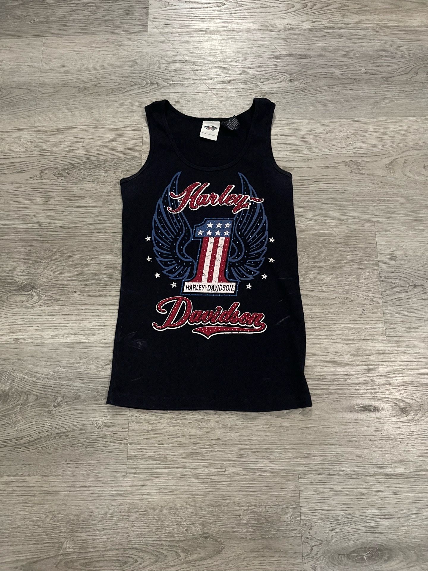 Vintage Harley Davidson Women’s American Style Rhinestone Wings Black Graphic Tank Top