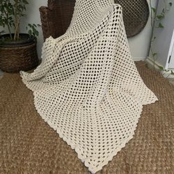 Vintage Boho MCM Jungalow Farmhouse Shabby Chic Granny Knitted Bed Blanket Throw Afghan 