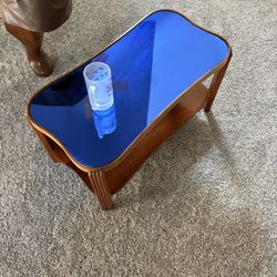 1930 Vintage Wood Art Deco Coffee Table Colbolt Blue Mirrored Glass Top MCM