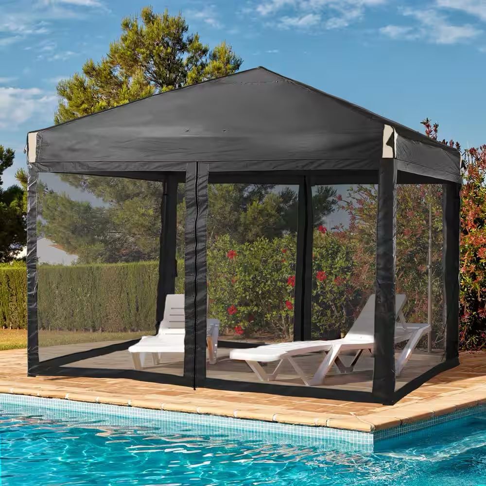 12 ft. x 12 ft. Pop Up Canopy Tent with Removable Mesh Sidewall,with Roller Bag-Black