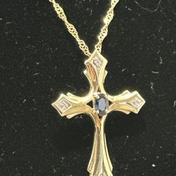 10k Yellow Gold Diamond And Sephire Cross And Chain 