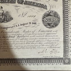 This is a $500 Confederate bond. 1861 