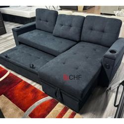 84"W Dark Gray Woven Fabric Reversible Sleeper Sectional Sofa with Storage Chaise, Storage Arm, Cup Holder, Charging Ports, Side Pockets, and Pocket C