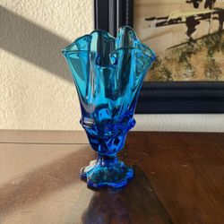 Vintage Fenton Colonial Blue Valencia Handkerchief Top Vase with Tab Footed Base