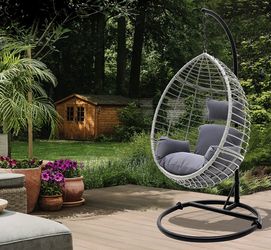 Hanging Egg Chair with Stand - Indoor Outdoor Patio Wicker Rattan Lounge Chair with Stand, Steel Frame, UV Resistant Washable Cushions for Garden 