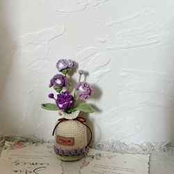 Crochet purple carnations in a crochet vase 18”x2”