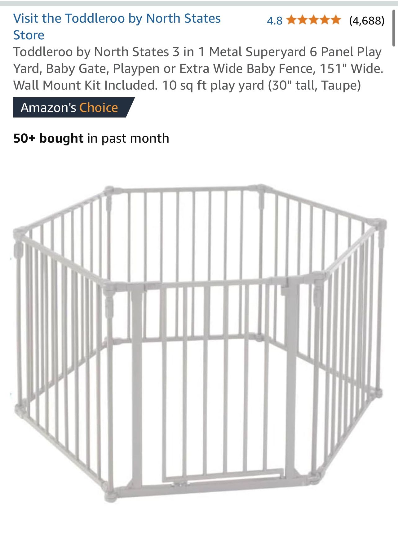 Toddleroo by North States 3 in 1 Metal Superyard 6 Panel Play Yard, Baby Gate, Playpen or Extra Wide Baby Fence, 151" Wide. Wall Mount Kit Included.