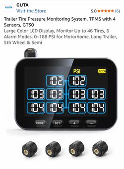 Trailer Tire Pressure Monitoring System, TPMS with 4 Sensors, GT30 Large Color LCD Display, Monitor Up to 46 Tires, 6 Alarm Modes, 0–188 PSI for Motor