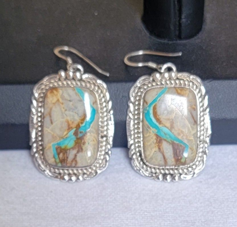 NEW NATIVE AMERICAN NAVAJO STERLING SILVER ROYSTON TURQUOISE DROP EARRINGS WIRE
