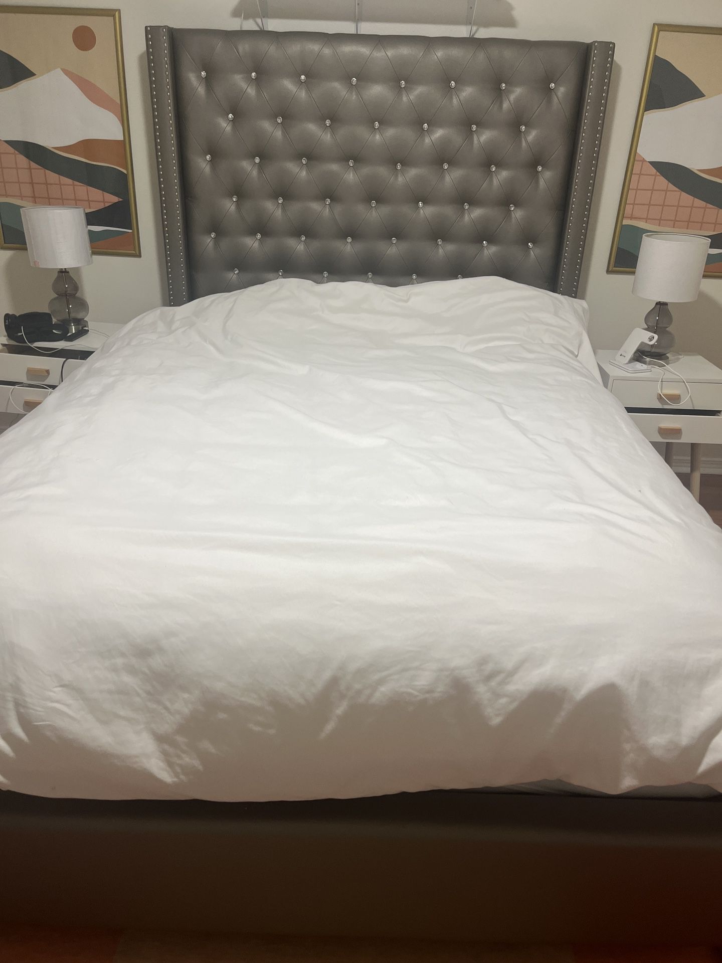Queen Silver Tufted Upholstered with Jewels Bed Frame and Headboard 