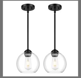 Emak 8 Inch Globe Pendant Lights Kitchen Island, Modern Black Pendant Light With Clear Glass Shade, 2 Pack Hanging Light Fixture For Kitchen, Bedroom,