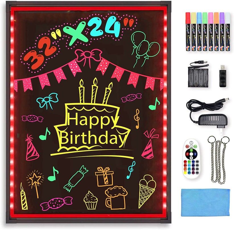 Hosim LED Message Writing Board 32"x24" Illuminated Erasable Neon Effect Restaurant Menu Sign with 8 colors Markers, 7 Colors Flashing Mode DIY Messag