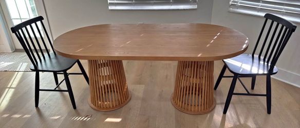 Oval Dining Table Double Pedestal Slatted Base — Solid Wood, Scandi Modern