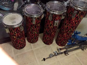 4 piece octobons 6" x 16" 18" 20 " 22" pinstripe clear heads. Custom flame wrap. No stand.