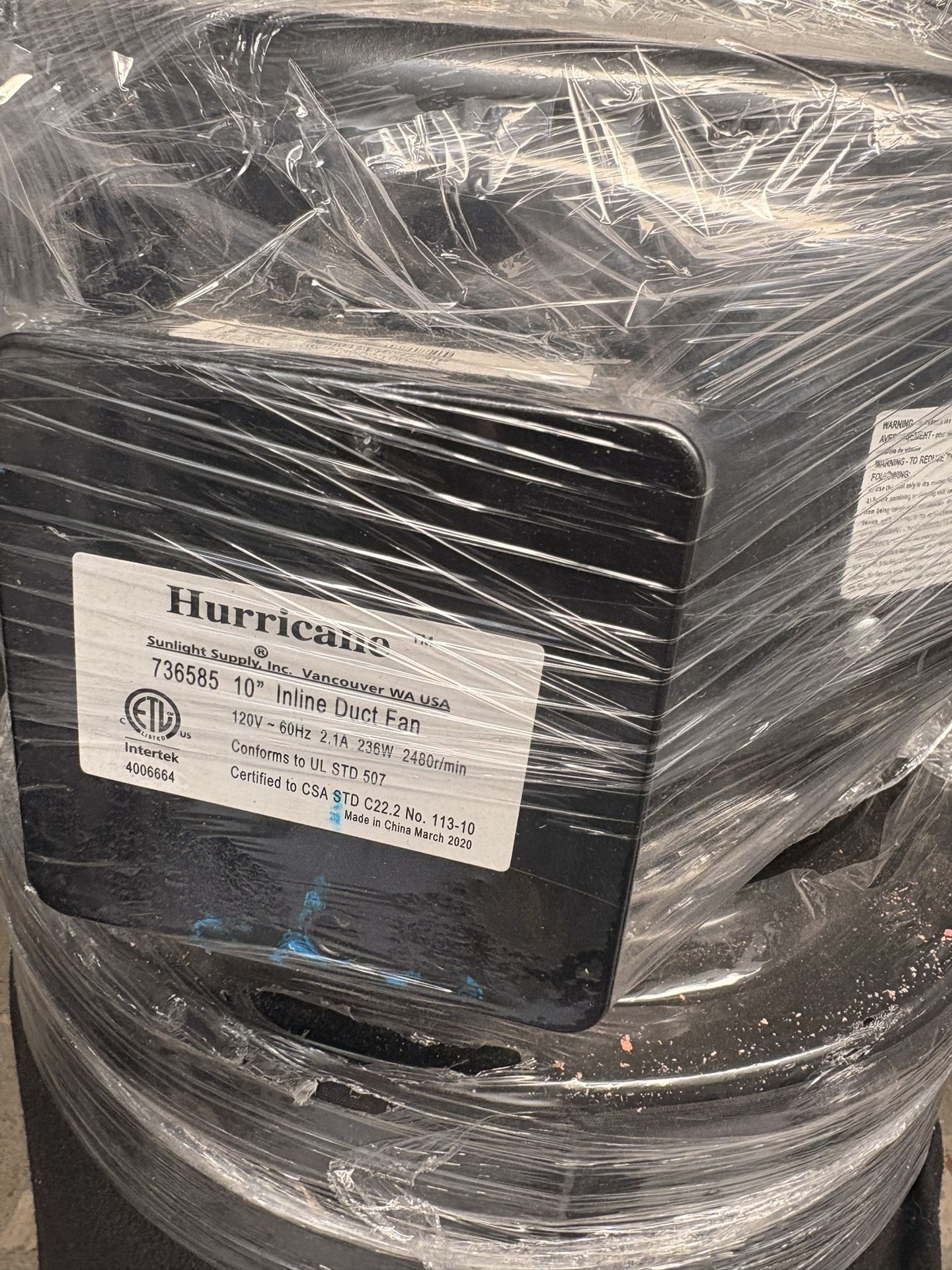 Hurricane 10” Inline Duct Fan – Like New display picture 1