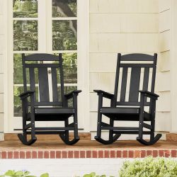 Set of 2 All-Weather Plastic Outdoor Rocking Chair Porch Rocker Patio Rocking Chairs - Black