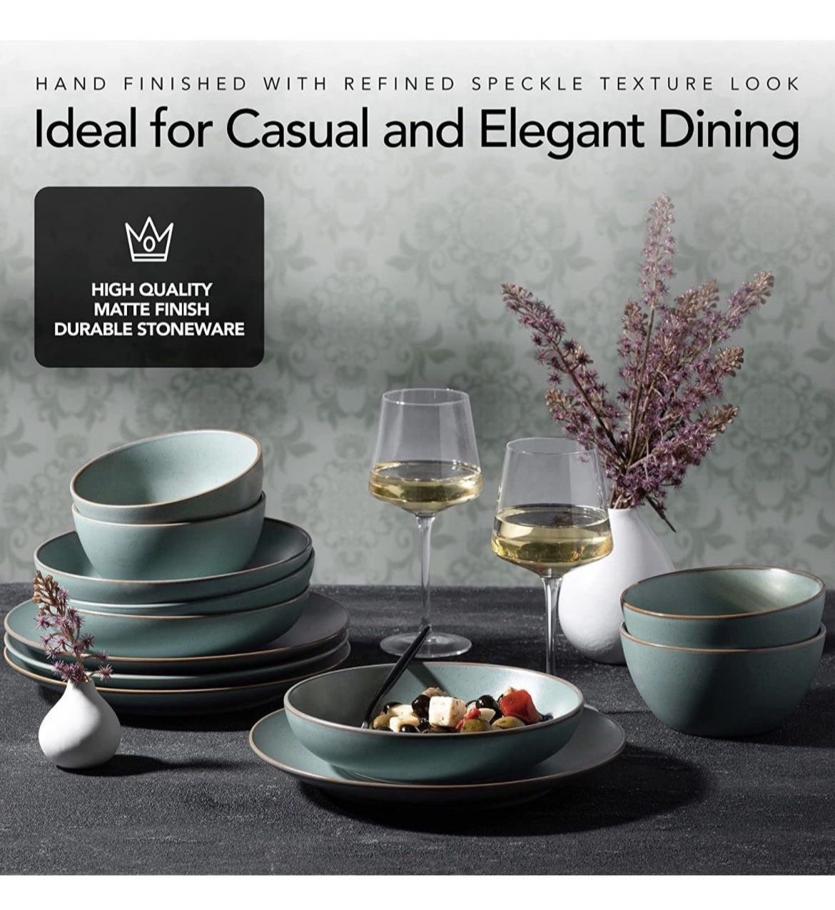 Riverside Collection by Maison Neuve 12-Piece Dinnerware Set Service for 4 - Hand Crafted Bowls and Plates Set, Stoneware Dinnerware, Microwave & Dish