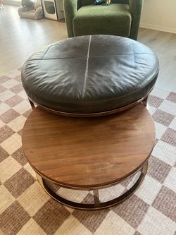Leather and wood ottoman