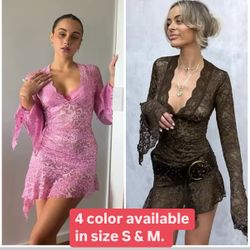 V neck see thru Lace Mini Dress 4 colors available