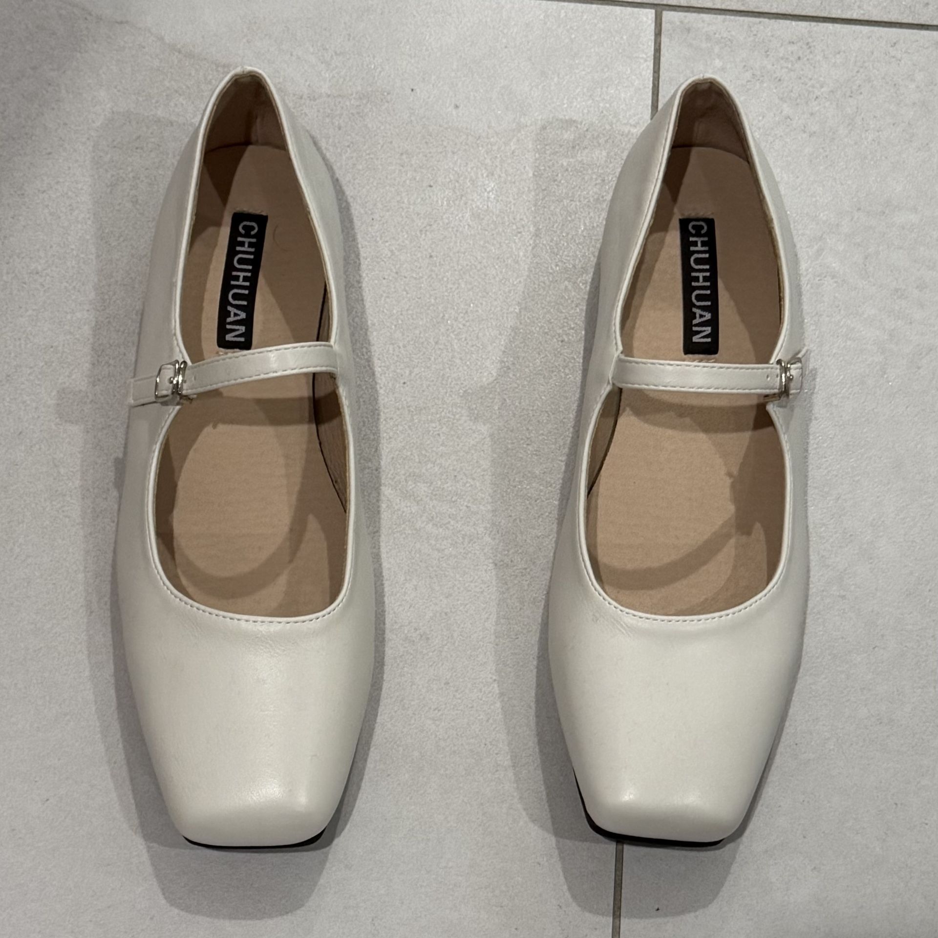 Beige Cream Leather Mary Jane Square Toe Buckled Slip On Flats