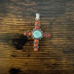 Sterling Silver Coral & Turquoise Cross Pendant 1.5"