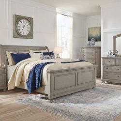 LIGHT GRAY-QUEEN SLEIGH BED-5PC DRESSER MIRROR QUEEN BED