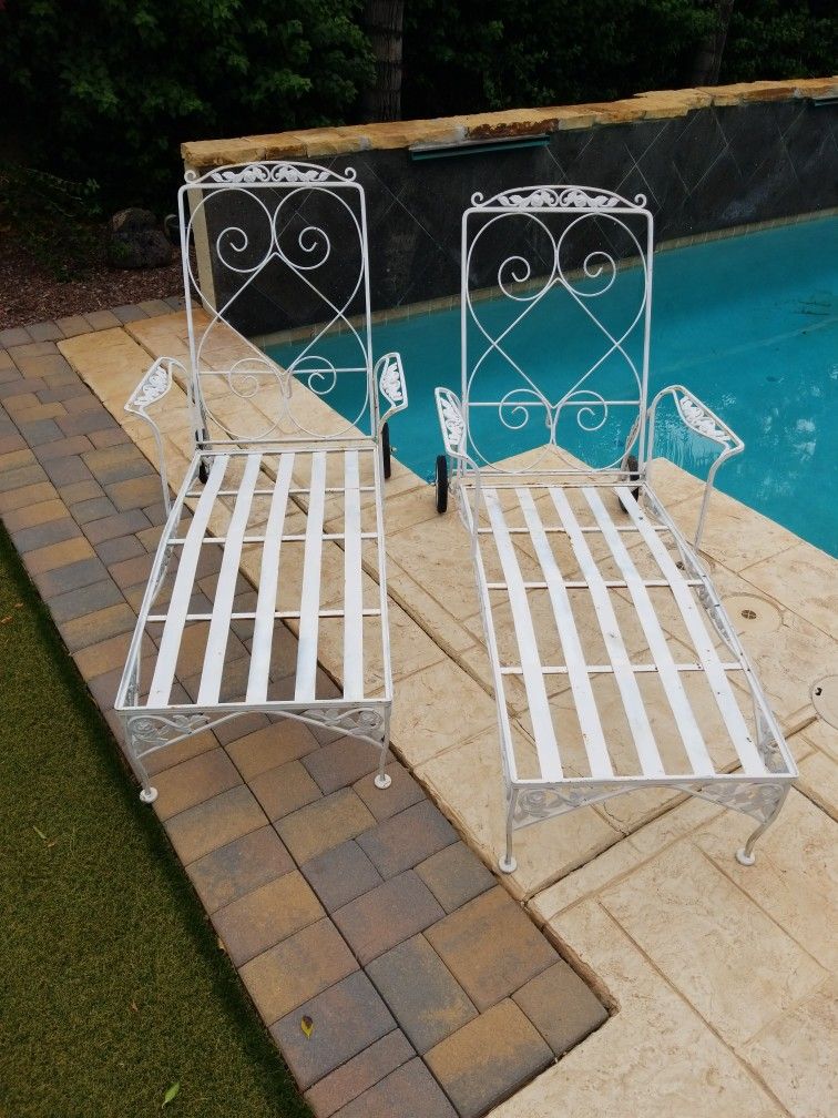 Two White Floral Design (Woodward possibly) Chaise Lounges
