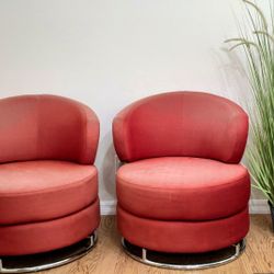 Pair of 2 Round 360 Red Swivel Barrel Mid-Century Armchair Chairs Silver Chrome Metal