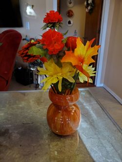 5-in tall alcohol ink on pumpkin shaped vase, orange / brown
