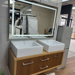 48” Solid Wood Floating Bathroom Vanity With Double Vessel Sink