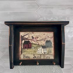 Vintage rustic wooden wall hanging coat/hat rack shelf with 3 wooden pegs home sweet home  16” wide x 12” tall  And shelf on top is 3 1/2” deep