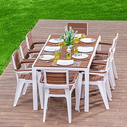 Inval Madeira 9-Piece Indoor And Outdoor 8-Seat Rectangular Table And 8 Arm Chair Set, 29”H x 35”W x 70”D, White/Teak Brown

