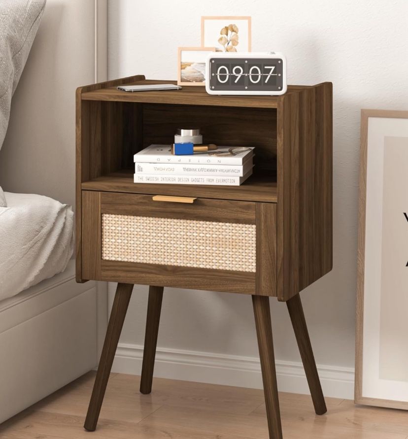 Rattan Nightstand,Modern Bedside Table with Storage Drawer and Open Wood Shelf, for Living Room, Bedroom and Small Spaces, Accent Night Stand with Sol