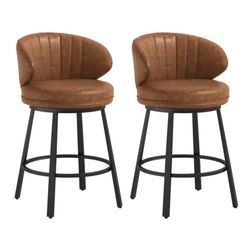 Brand New Swivel Counter Height Bar Stools (Set of 2) – Camel Brown Faux Leather – Assembled