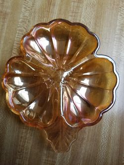 Vintage Iridescent Amber Marigold Carnival Glass Divided Serving Dish