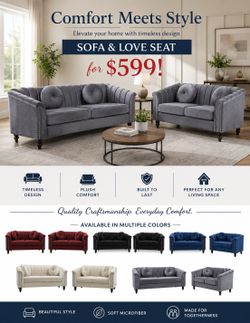 🔥 SOFA & LOVESEAT SET ONLY $599 🔥 Modern microfiber comfort at an unbeatable price! Available in Gray, Black, Blue, Red & White 