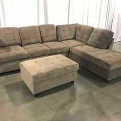 Brand New Brown Chenille Fabric Sectional With Storage Ottoman 