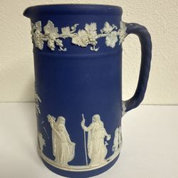 Wedgwood Jasperware Blue pitcher England 6.5” Courting Scene Angels Cupid Family