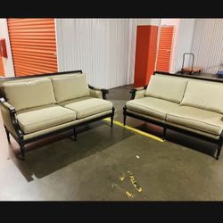 set of Ethan Allen Couches nice set, tan color with nice wood framing