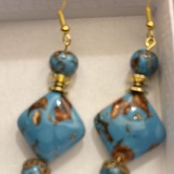 TURQUOISE COPPER GLASS EARRINGS NEW AND ARTISAN MADE 