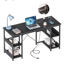 48 Inch Small Computer Desk with Power Outlets & Type-C, Home Table with Storage Shelves, Student Laptop PC Desks for Small Spaces Home Office Writing