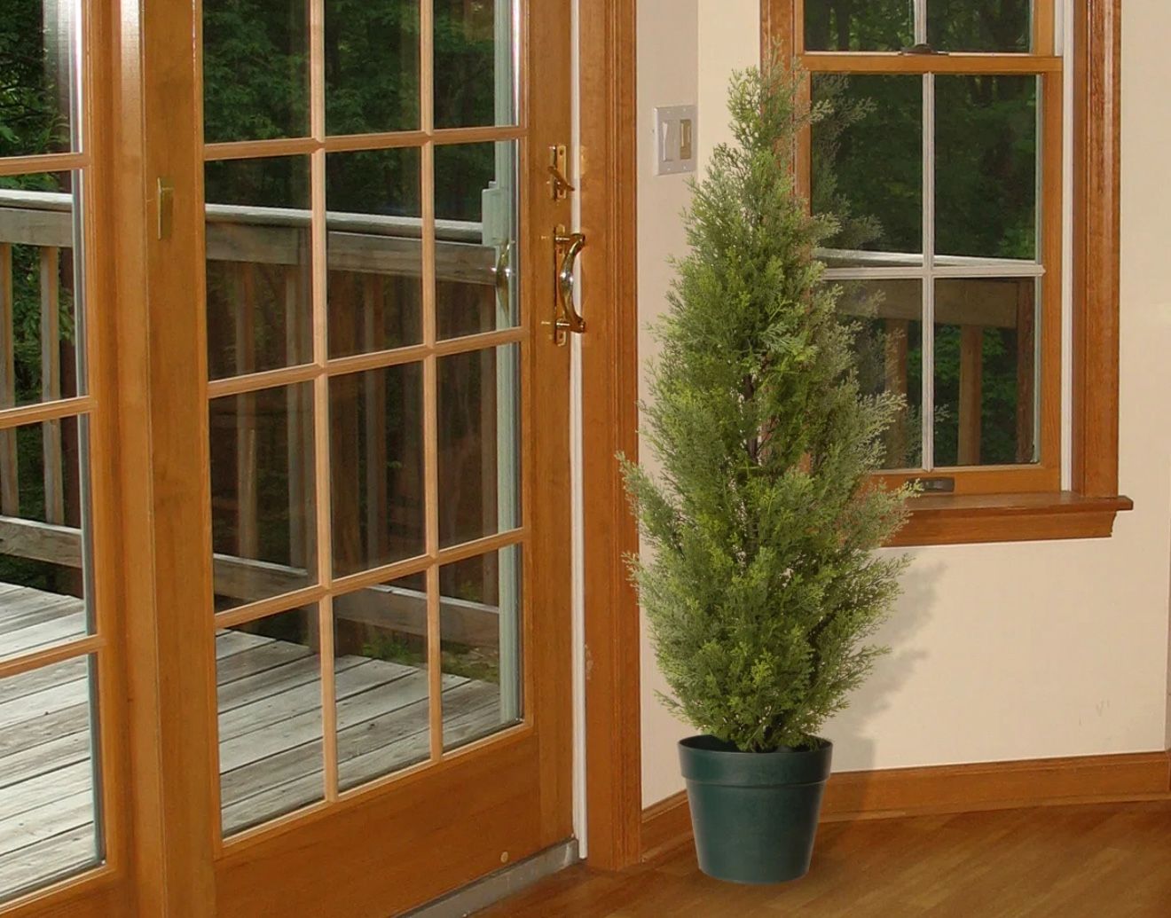 Artificial Arborvitae Topiary Tree, Realistic Fake Tree Potted Plant, Dark Green Round Growers Pot