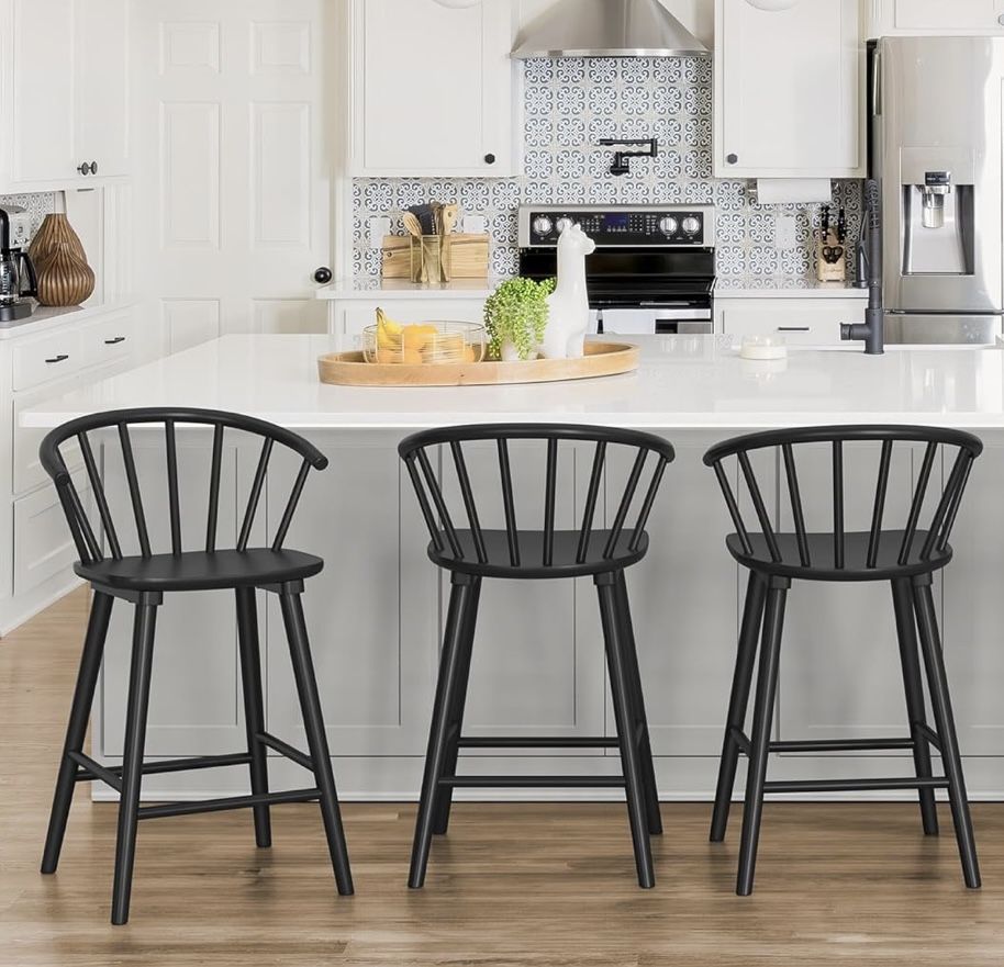 Wood Bar Stools with Semicircular Backrest, Black Farmhouse Barstools Set of 3, Modern Counter Height Bar Stools for Kitchen Island, 24 Inch